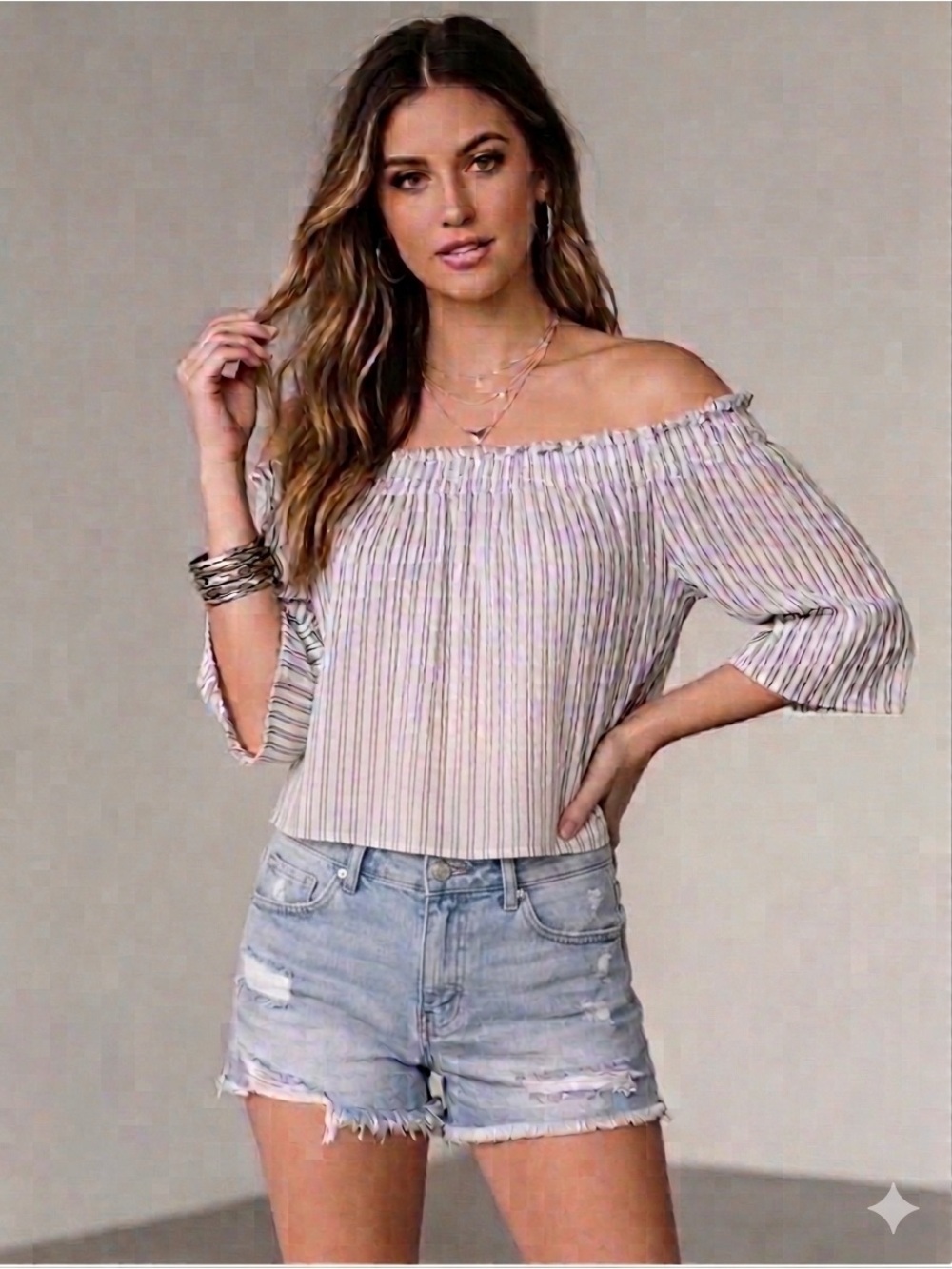 Anthro Rue Stiic Off Shoulder Striped Raw Edge Crop Top White Black M